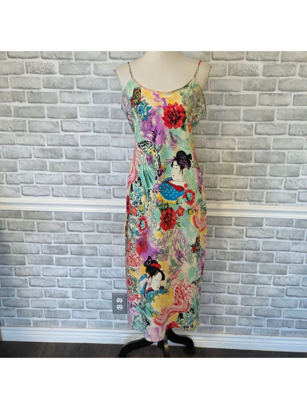 Vintage Natori Geisha Print Satin Slip Dress Dragons Floral Strappy Y2K